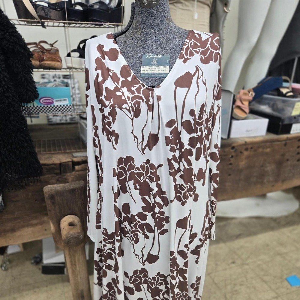 Woman's White Brown Floral Print Long Sleeve Dress 5XL